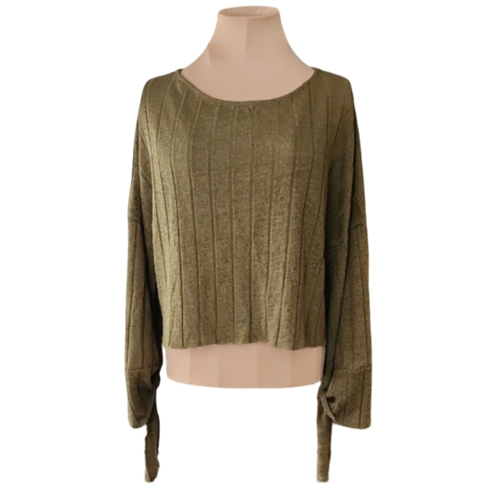 Zara Olive Green Ribbed Knit Cropped Boho Top with Tie Sleeves Women's Small - Picture 1 of 7